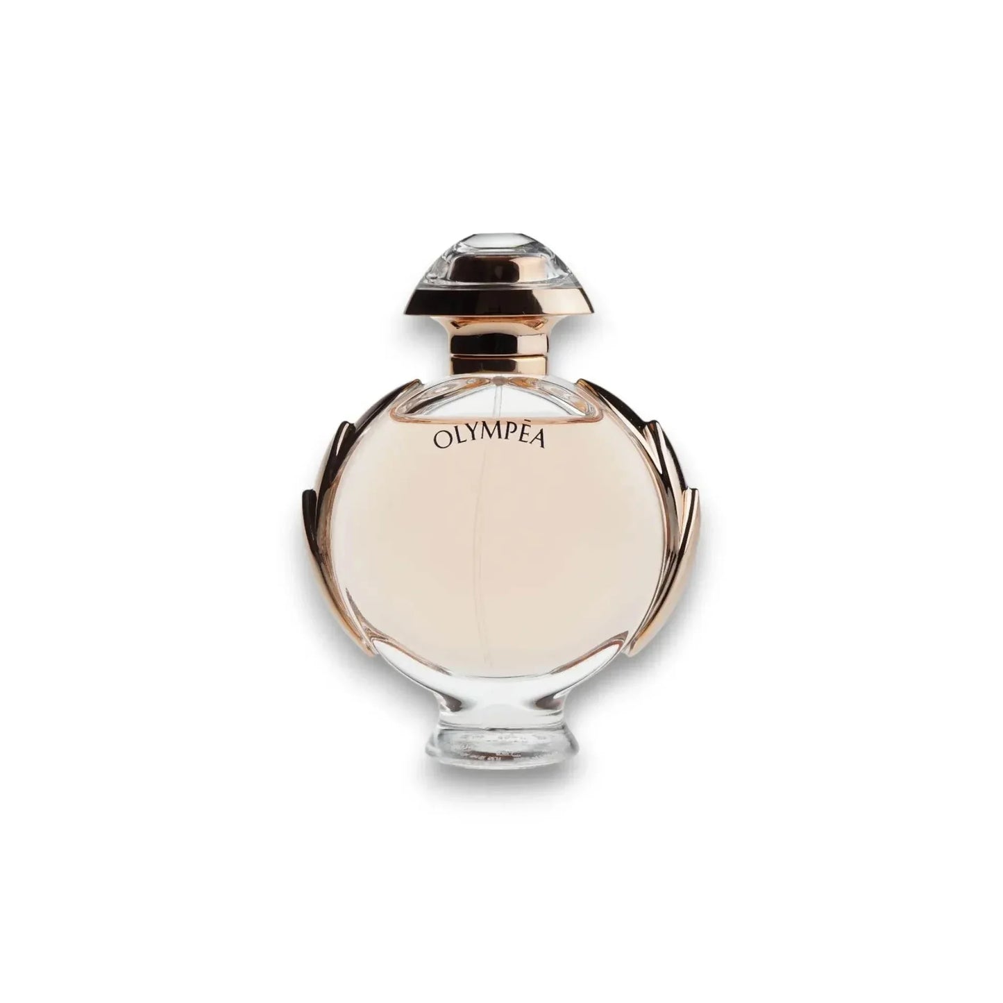 Luxuriöses Damenparfum Olympéa in rundem Glasflakon mit goldenen Akzenten, freigestellt