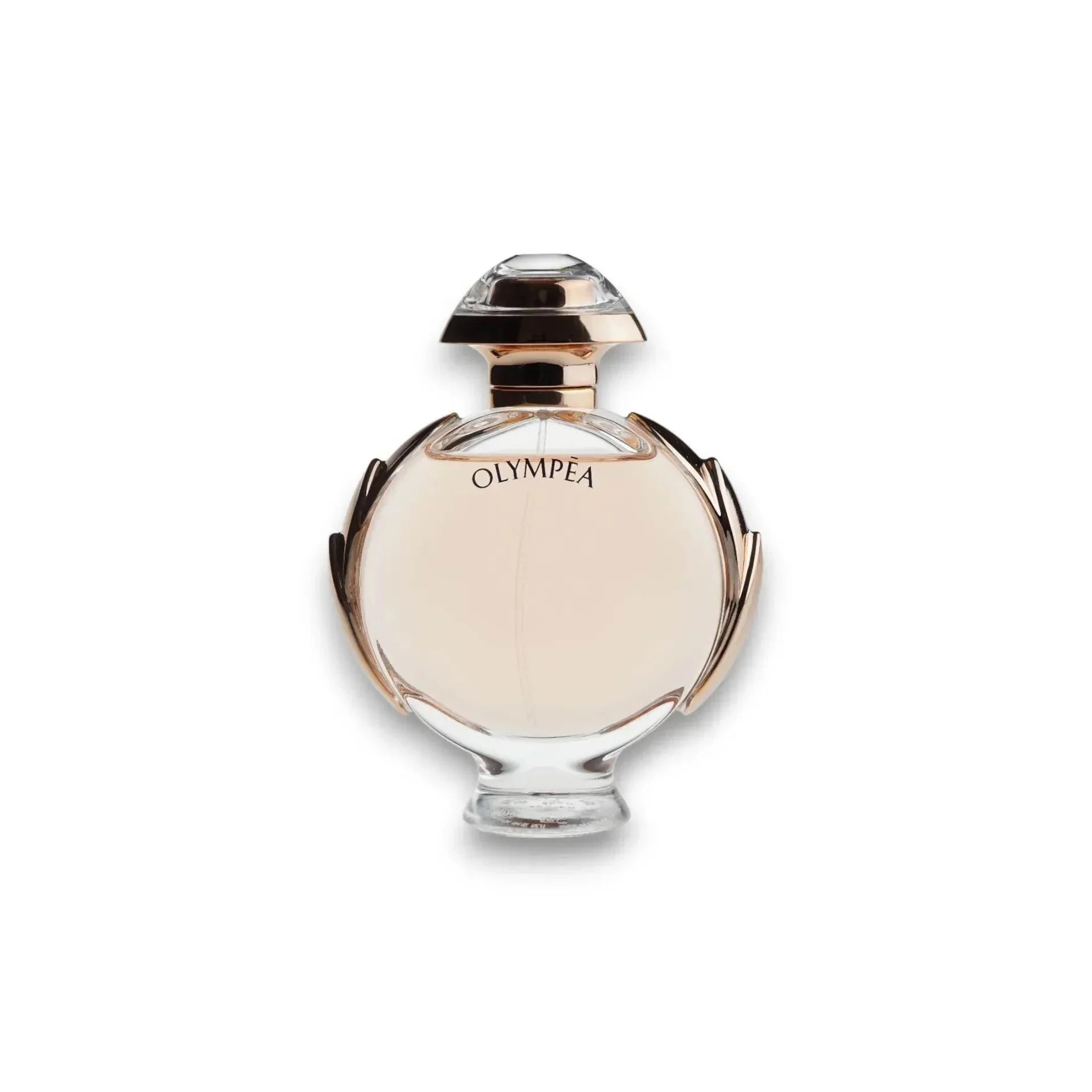 Luxuriöses Damenparfum Olympéa in rundem Glasflakon mit goldenen Akzenten, freigestellt