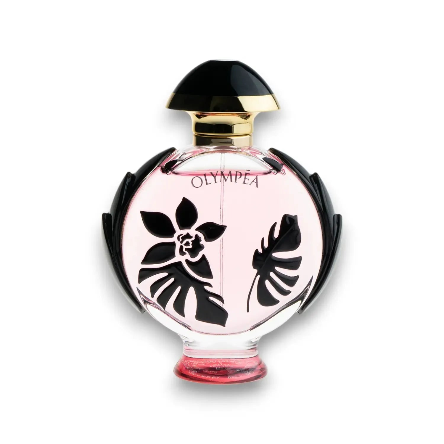 Luxus Parfumflakon mit rosa Flüssigkeit, schwarzem Deckel und floralen Verzierungen
