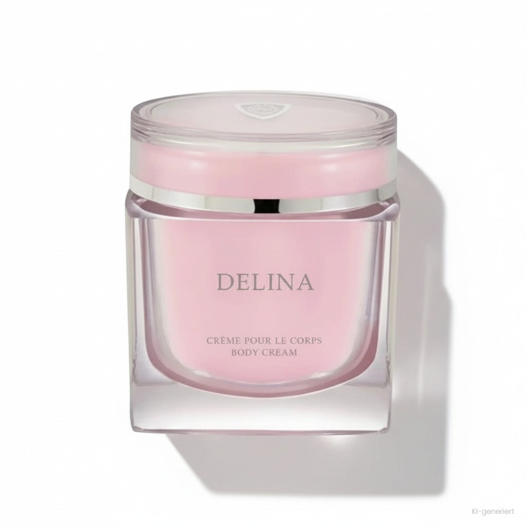 Parfums de Marly Delina Body Cream 200 ml, rosa Körpercreme im transparenten Tiegel, Produktfoto auf weißem Hintergrund