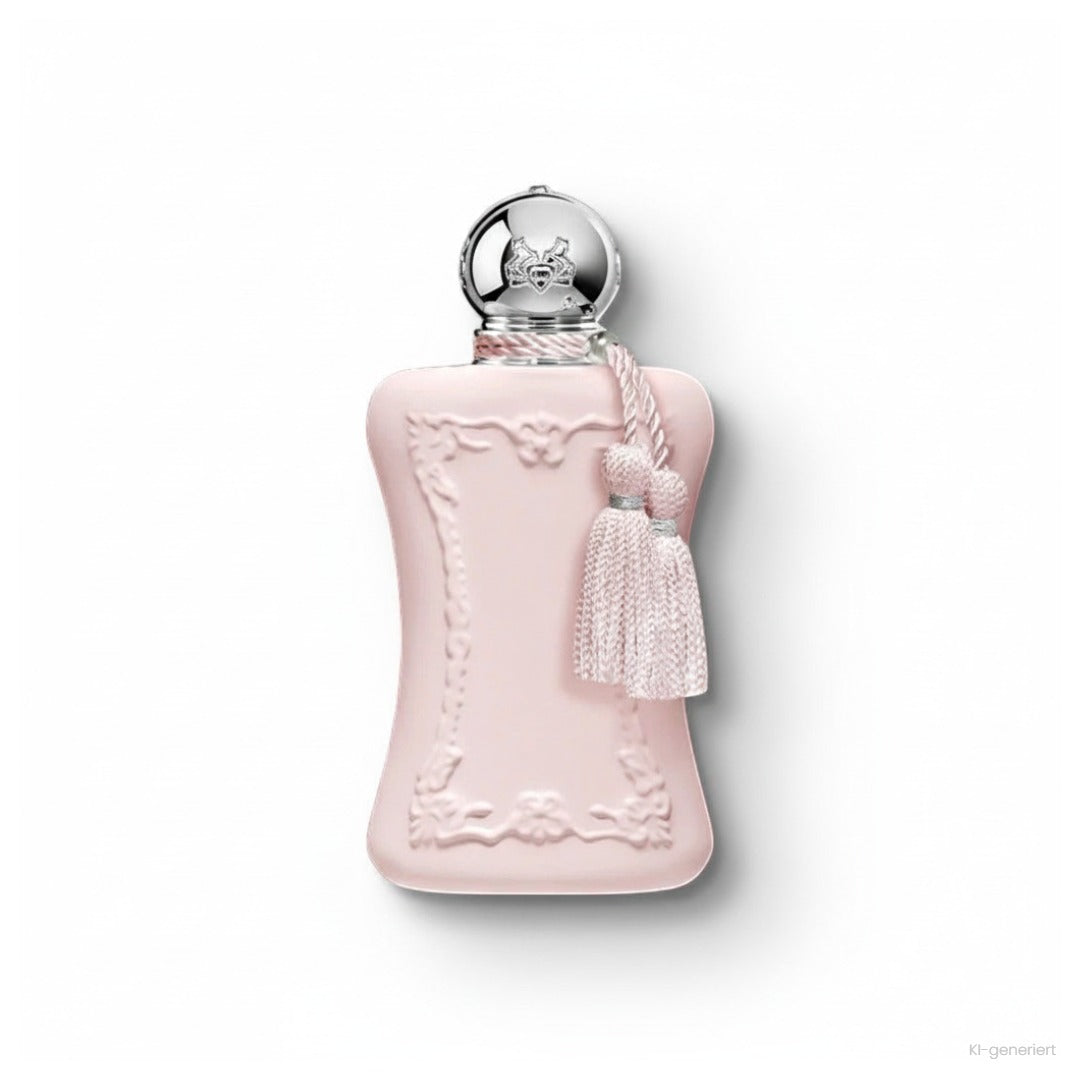 Parfums de Marly Delina Eau de Parfum, rosa Flakon mit silberner Kugelkappe und rosa Quasten