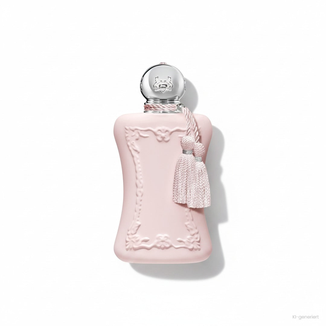 Parfums de Marly Delina Eau de Parfum, matter rosa Flakon mit silberner Kugelkappe und rosa Quasten