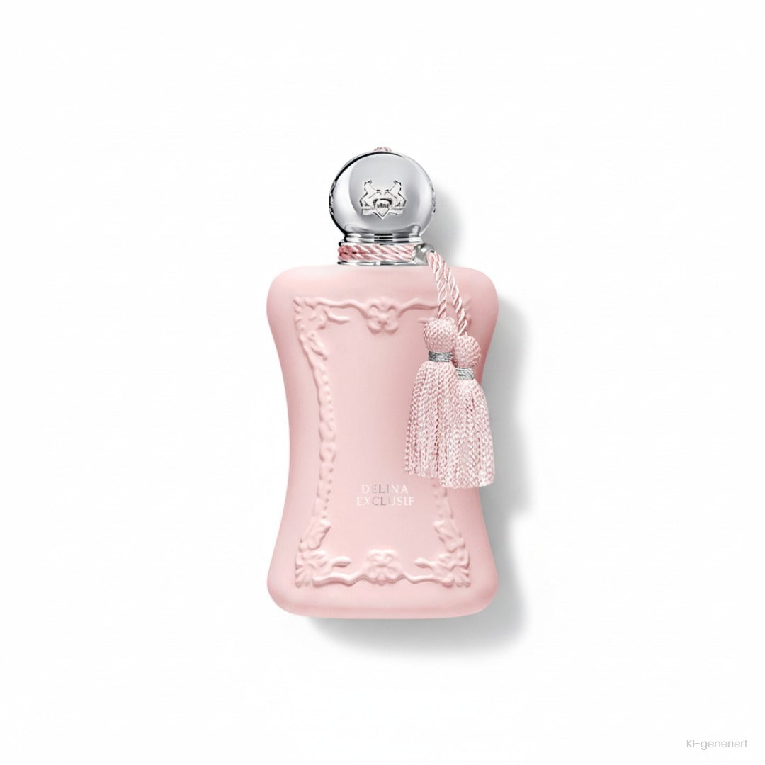 Parfums de Marly Delina Exclusif Eau de Parfum, matter rosa Flakon mit silberner Kugelkappe und rosa Quasten