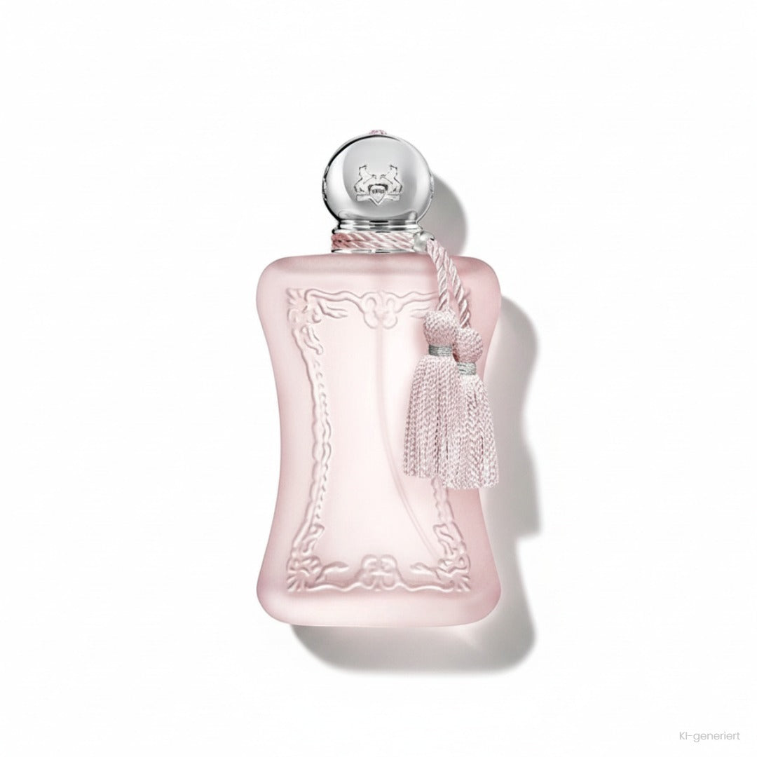 Parfums de Marly Delina La Rosée Eau de Parfum, matter zartrosa Flakon mit silberner Kugelkappe und rosa Quasten