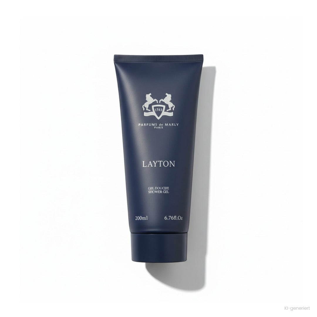 Parfums de Marly Layton Shower Gel 200 ml, dunkelblaue Tube, Produktfoto auf weißem Hintergrund