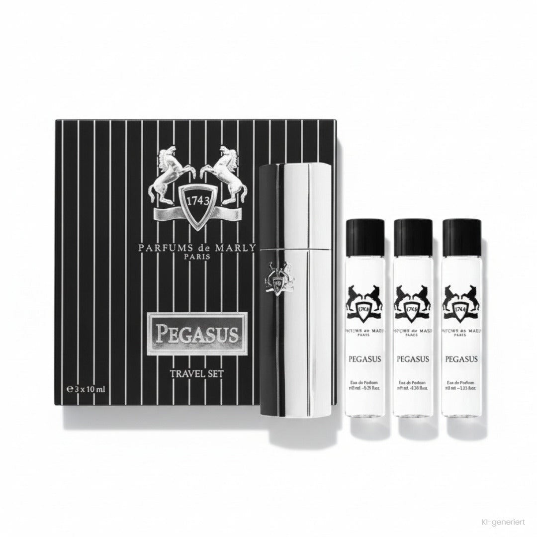 Parfums de Marly Pegasus Travel Set 3x10 ml, schwarze Geschenkbox mit Reise-Zerstäuber und drei Nachfüllflakons, Produktfoto auf weißem Hintergrund