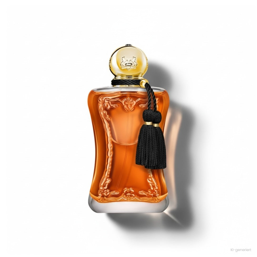 Parfums de Marly Safanad Eau de Parfum, bernsteinfarbener Flakon mit goldener Kugelkappe und schwarzer Quaste
