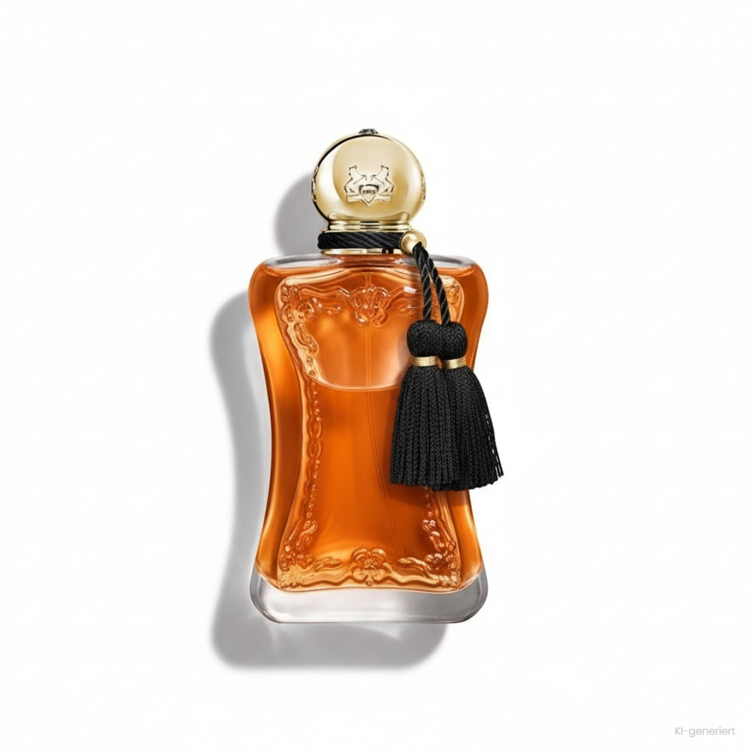 Parfums de Marly Safanad Eau de Parfum, Glasflakon mit bernsteinfarbenem Duft, goldener Kugelkappe und schwarzen Quasten