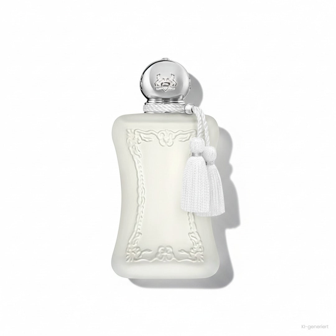 Parfums de Marly Valaya Eau de Parfum, matter weißer Flakon mit silberner Kugelkappe und weißen Quasten
