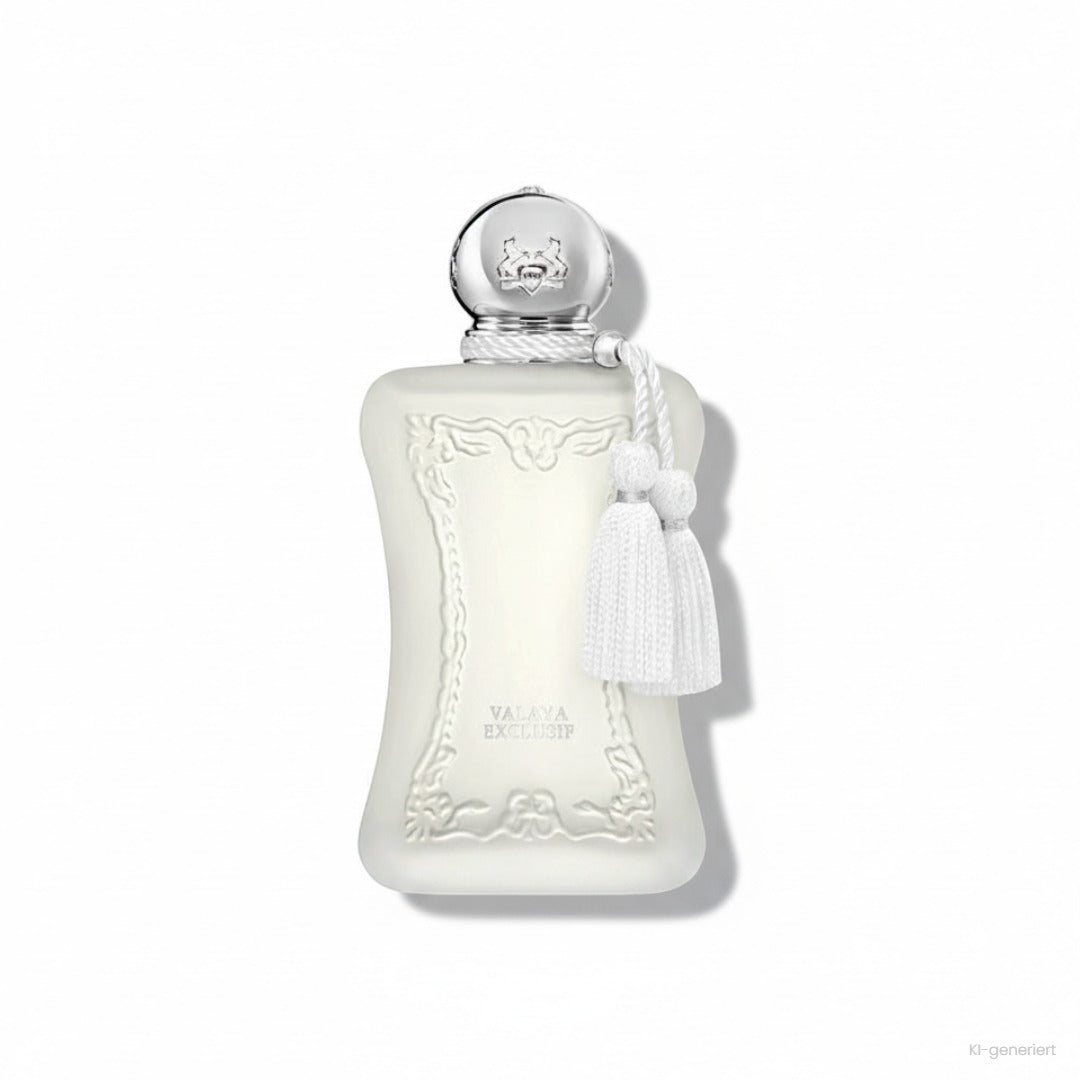 Parfums de Marly Valaya Exclusif Parfum, matter weißer Flakon mit silberner Kugelkappe und weißen Quasten