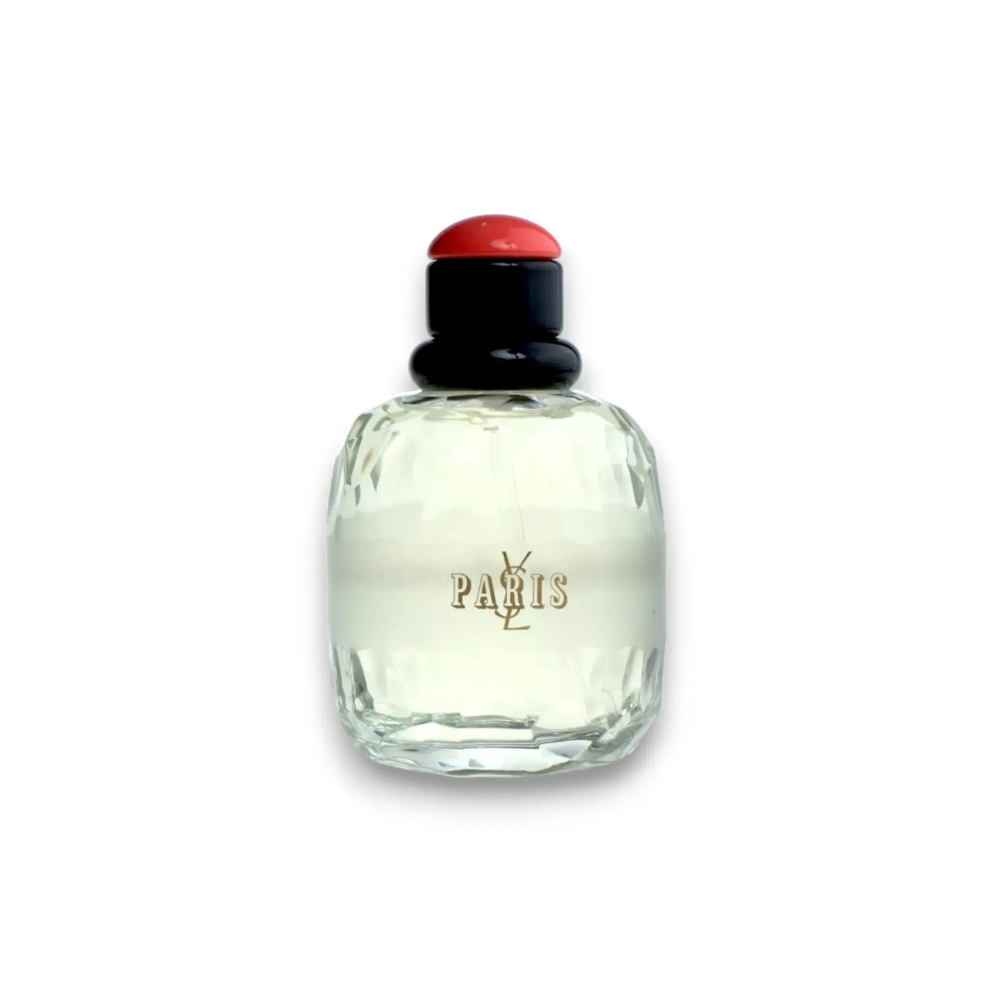 Eau de Toilette Flakon Paris mit klarem Glas, schwarzem Hals und rotem Verschluss, freigestellt