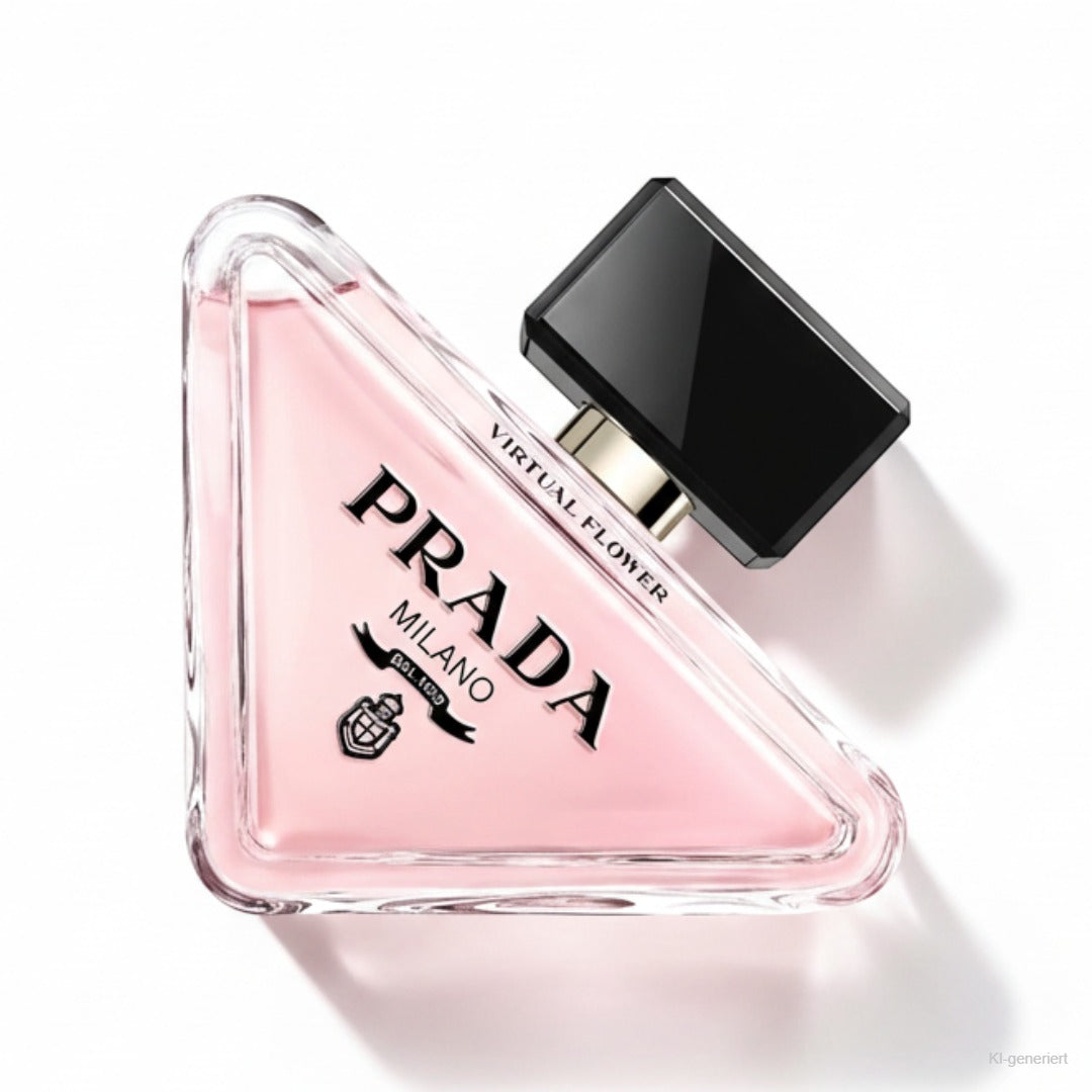 Prada Paradoxe Virtual Flower Eau de Parfum 90ml – dreieckige rosa Flasche mit schwarzer Kappe freigestellt auf weißem Hintergrund