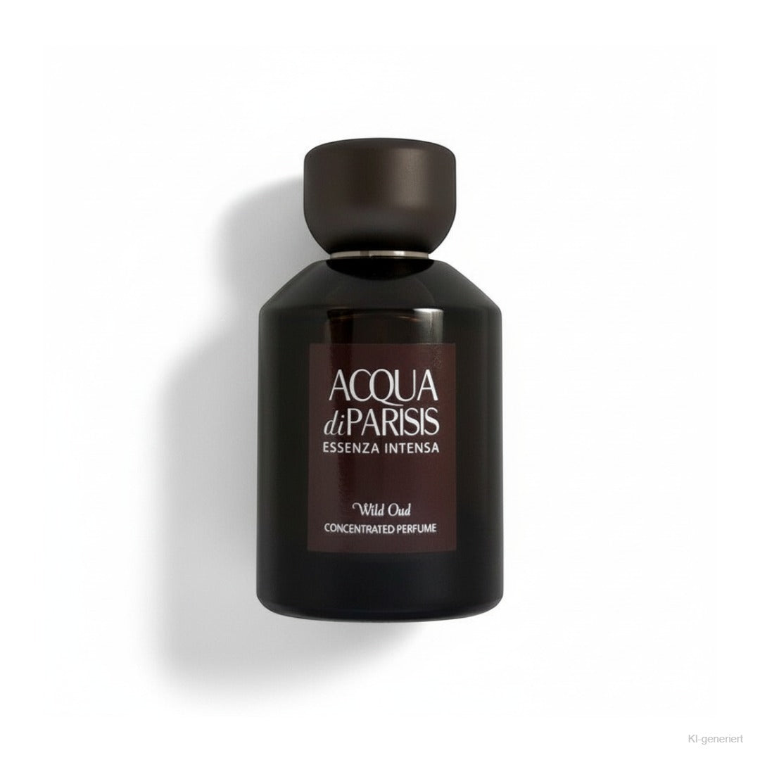 Reyane Tradition Acqua di Parisis Essenza Intensa Wild Oud Eau de Parfum 100ml – dunkle Flasche liegend freigestellt auf weißem Hintergrund