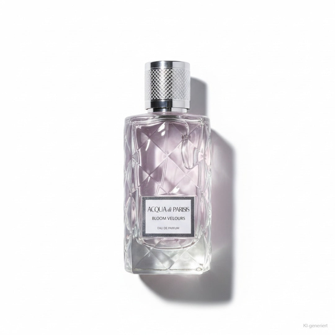 Reyane Tradition Acqua di Parisis Bloom Velours Eau de Parfum 100ml – Kristallglas-Flasche liegend freigestellt auf weißem Hintergrund