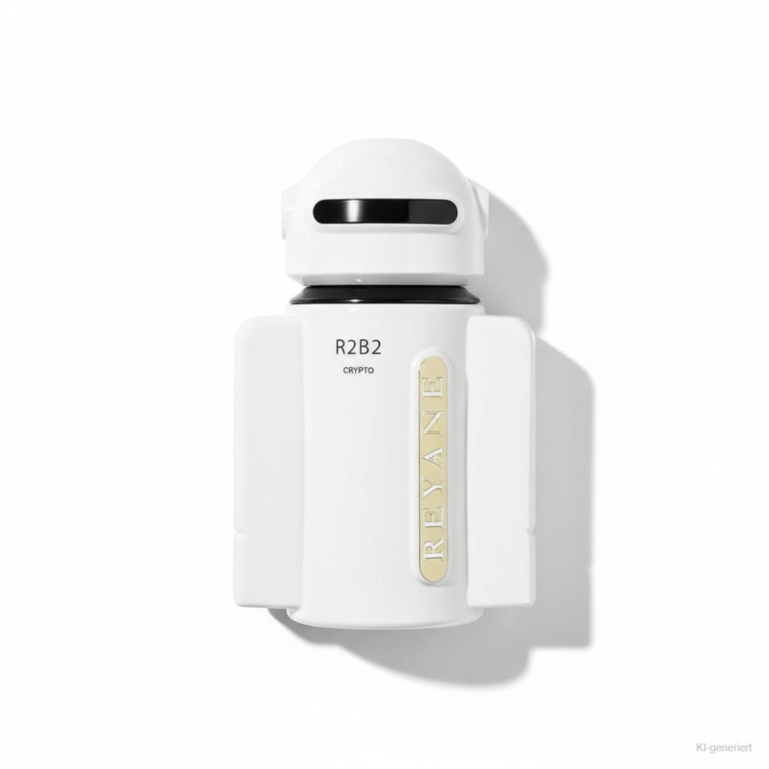 Reyane Tradition R2B2 Crypto Eau de Parfum 100ml – weiße Flasche im Roboter-Design liegend freigestellt auf weißem Hintergrund