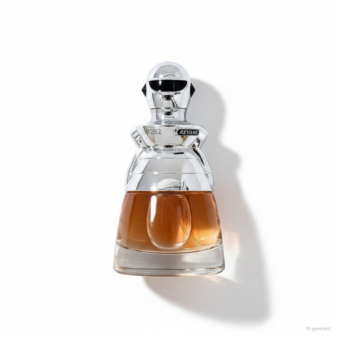 Reyane Tradition R2B2 Interstellar Eau de Parfum 100ml (Damen) – silberne Flasche mit Roboter-Helm liegend freigestellt auf weißem Hintergrund