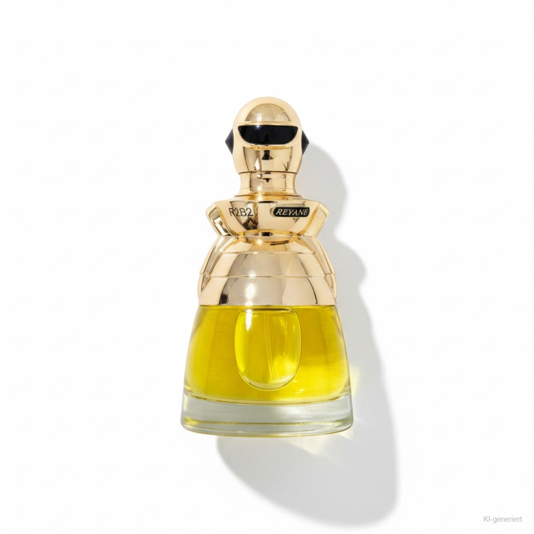 Reyane Tradition Parisis Parfums R2B2 SpaceX Eau de Parfum 100ml (Damen) – goldene Flasche mit Roboter-Helm liegend freigestellt auf weißem Hintergrund