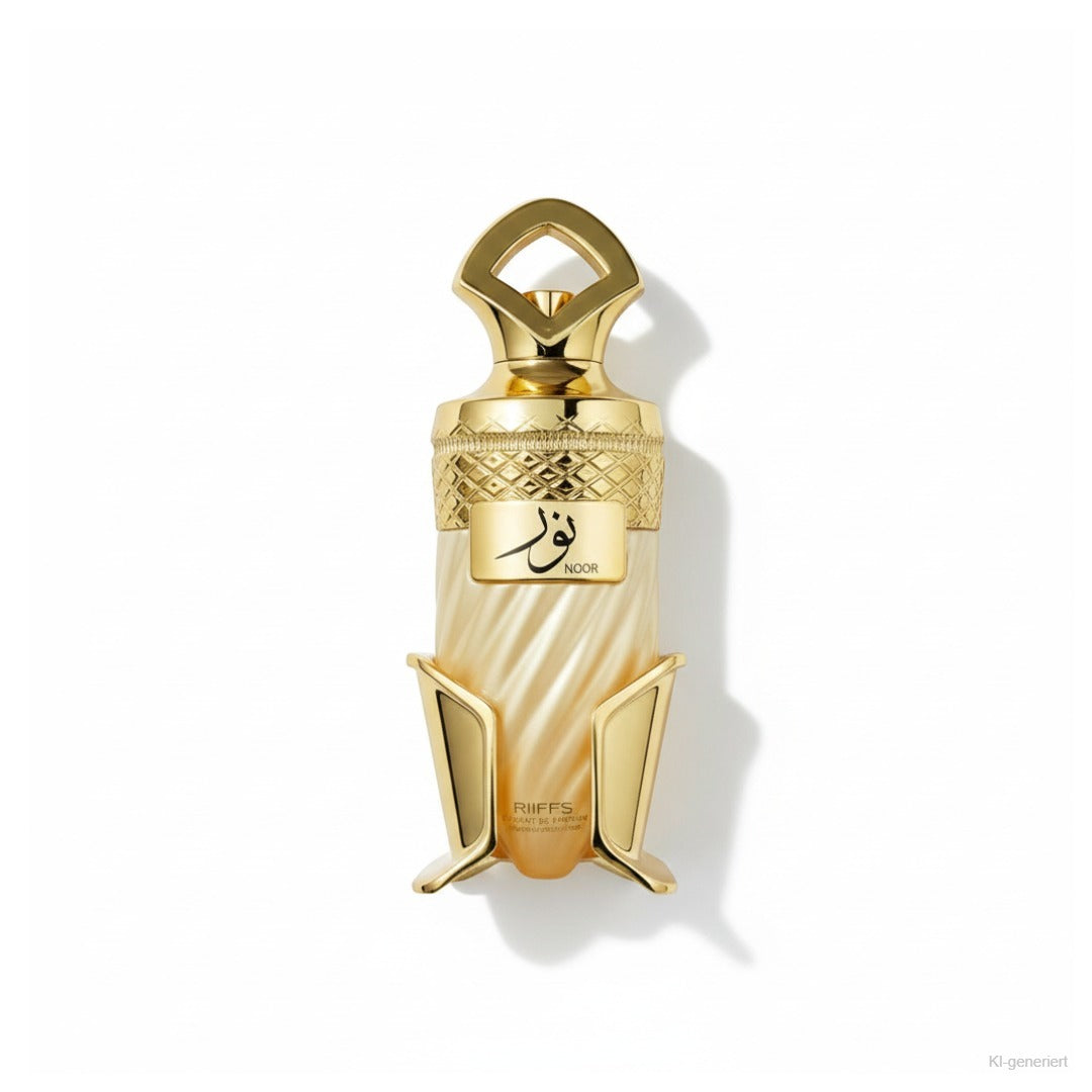 Riiffs Noor Eau de Parfum 100ml – goldene Flasche liegend freigestellt auf weißem Hintergrund