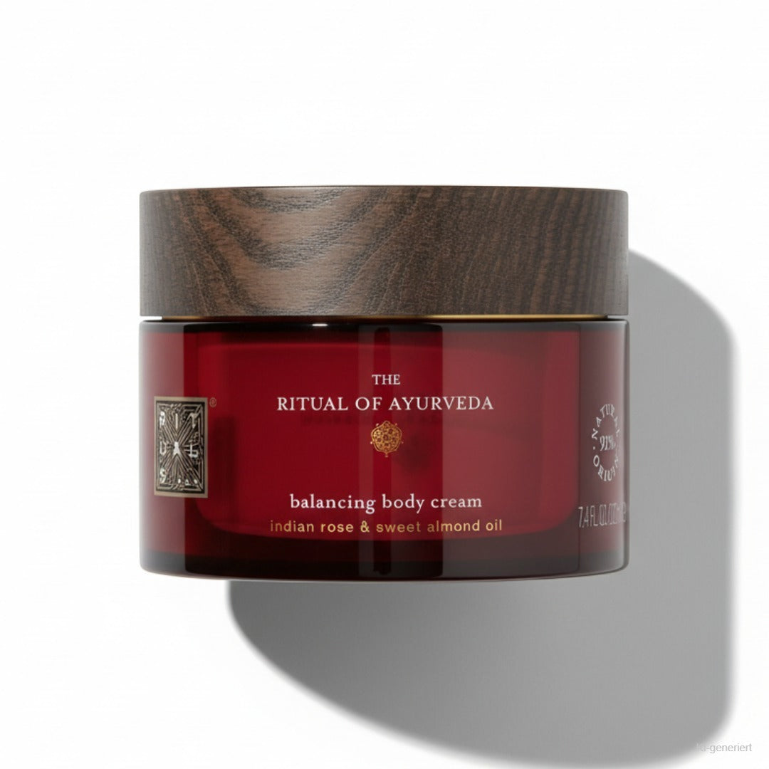 RITUALS The Ritual of Ayurveda Balancing Body Cream 220ml – Dose liegend freigestellt auf weißem Hintergrund