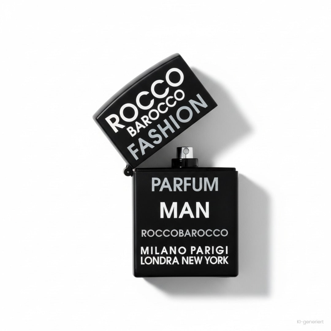 Roccobarocco Fashion Parfum Man Eau de Toilette 75 ml, schwarzer Flakon mit geöffneter Kappe
