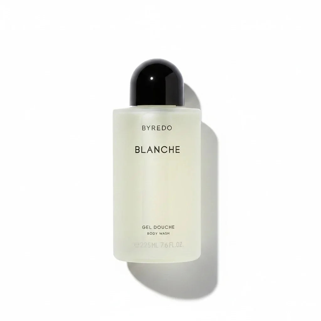 Byredo Blanche Gel Douche Duschgel in einer weißen Glasflasche mit schwarzem Verschluss