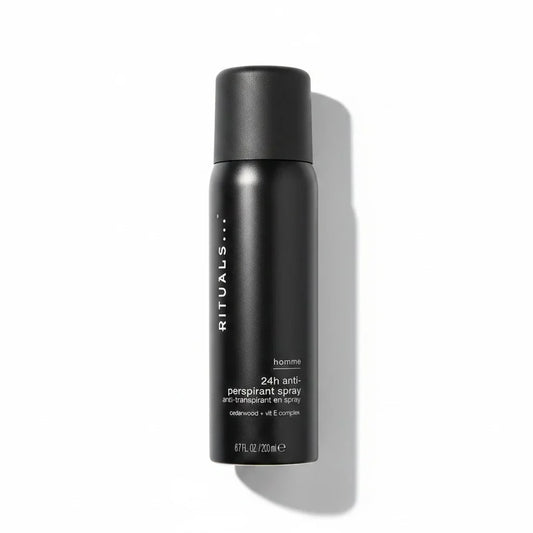 Rituals Homme 24h Anti-Perspirant Spray in einer schwarzen Dose auf weißem Hintergrund