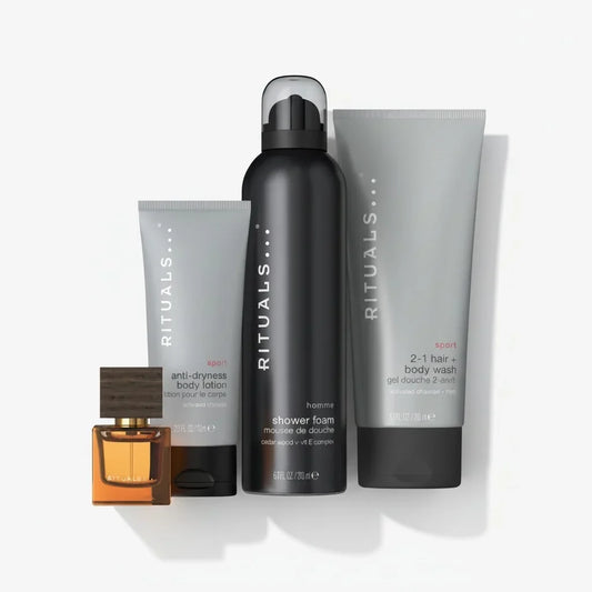 Rituals Homme Sport Pflegeset für Männer mit Duschschaum, Bodylotion und Haar- und Körperwäsche.