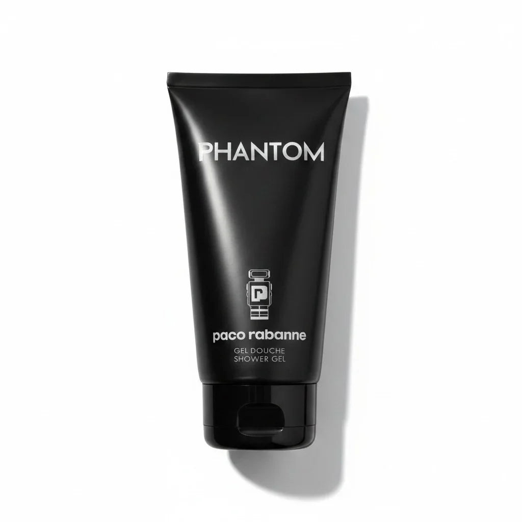 Paco Rabanne Phantom Duschgel in einer schwarzen Tube vor weißem Hintergrund
