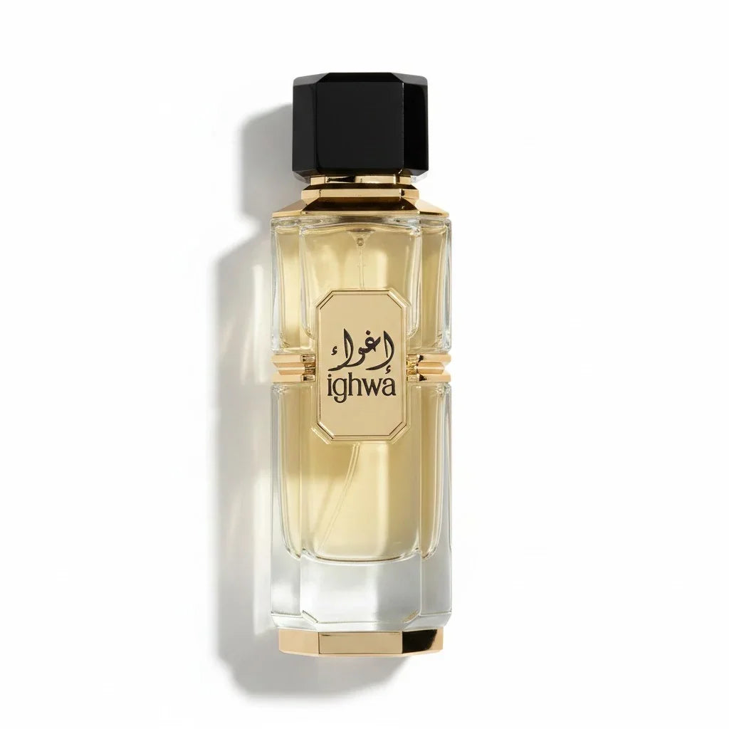 Eleganter Flakon des orientalischen Parfums Ighwa mit goldenen Akzenten auf weißem Hintergrund