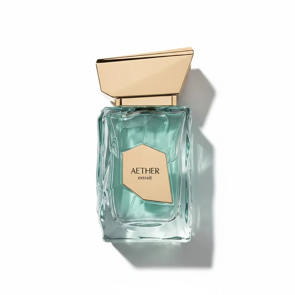 Aether Extrait Parfum in einem türkisfarbenen Glasflakon mit goldenem Verschluss