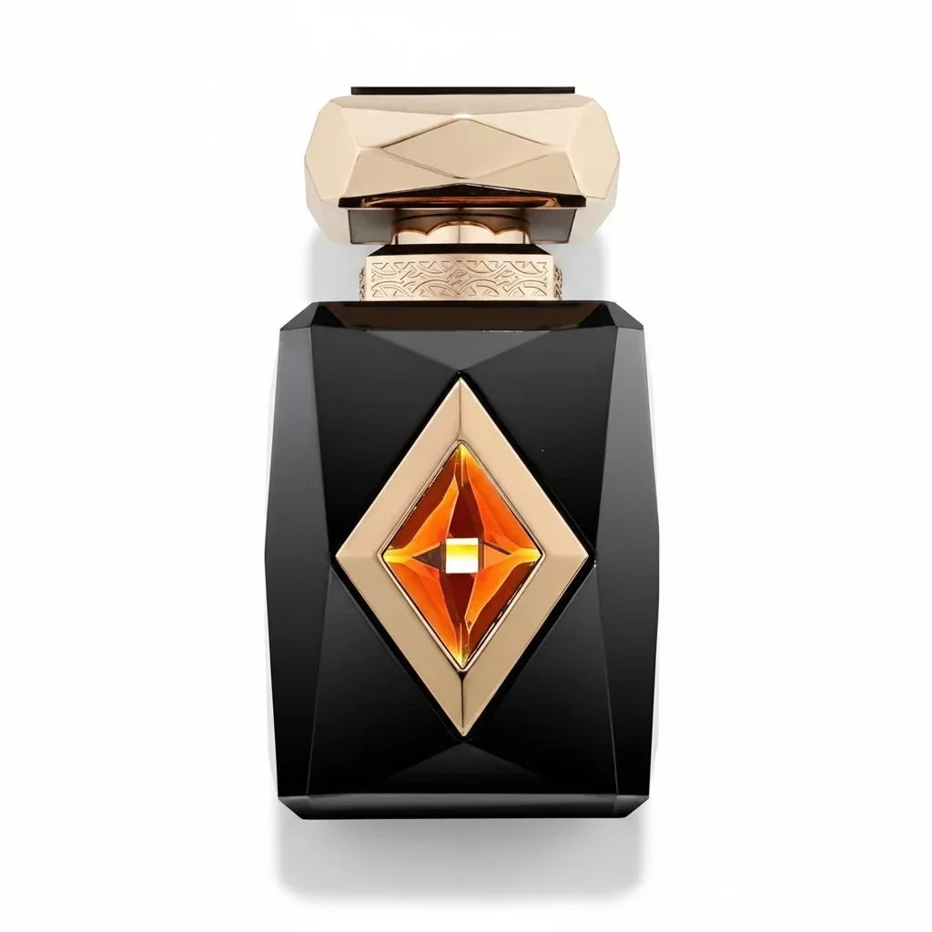Luxuriöser schwarzer Parfumflakon mit goldfarbenem Verschluss und rautenförmigem Detail