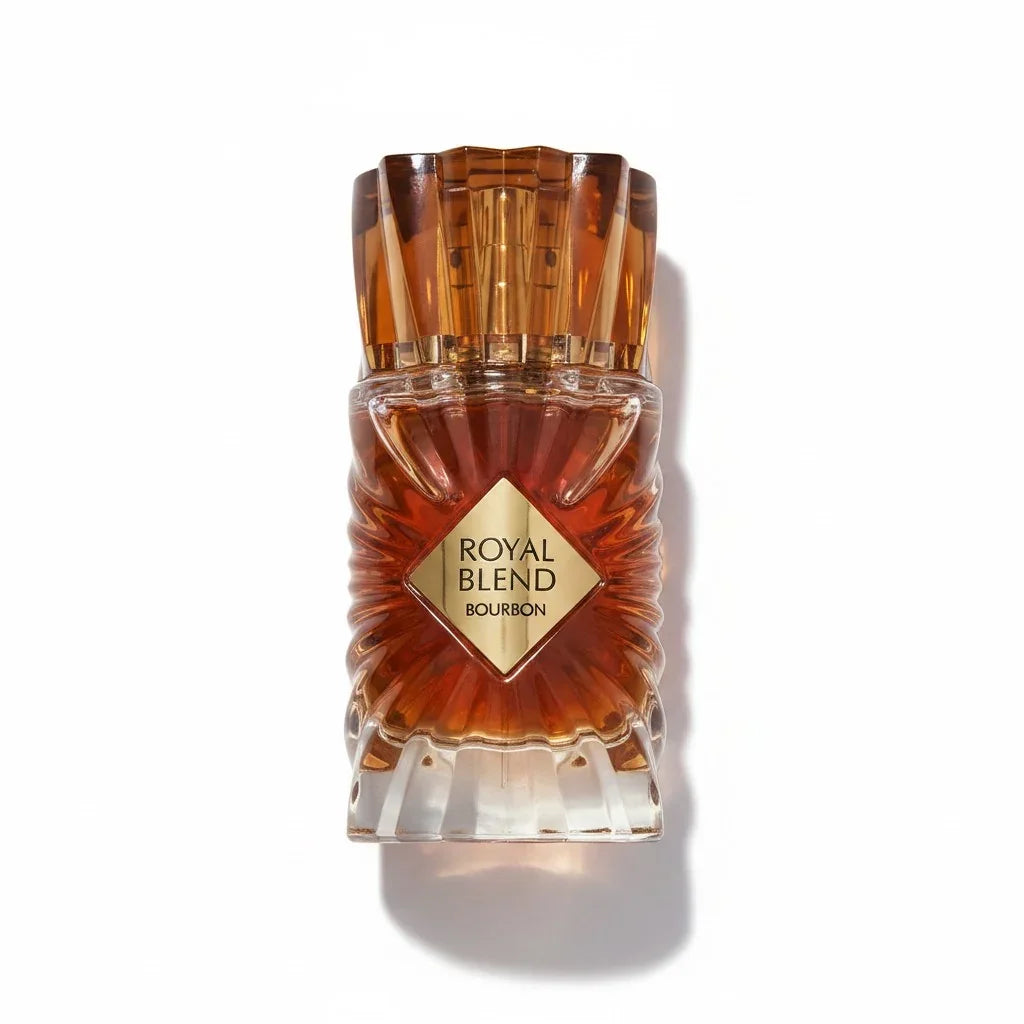 Royal Blend Bourbon Parfumflakon in bernsteinfarbener Glasoptik auf weißem Hintergrund