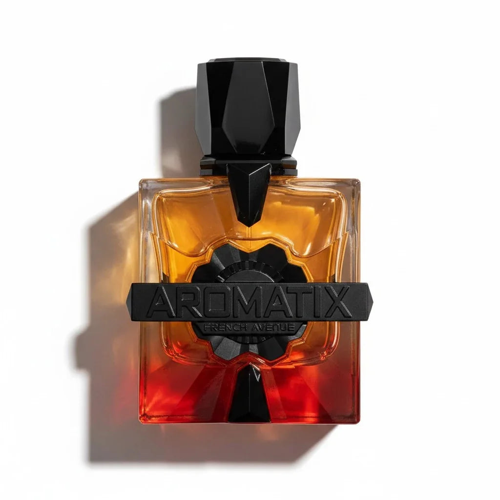 Aromatix French Avenue Parfumflakon mit Farbverlauf von Gold zu Rot auf weißem Hintergrund