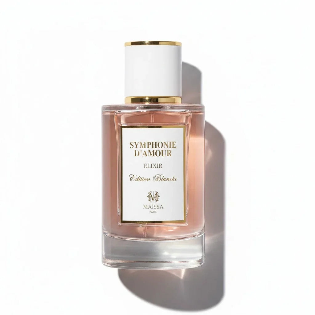 Maïssa Symphonie d'Amour Elixir Edition Blanche Parfumflakon vor weißem Hintergrund