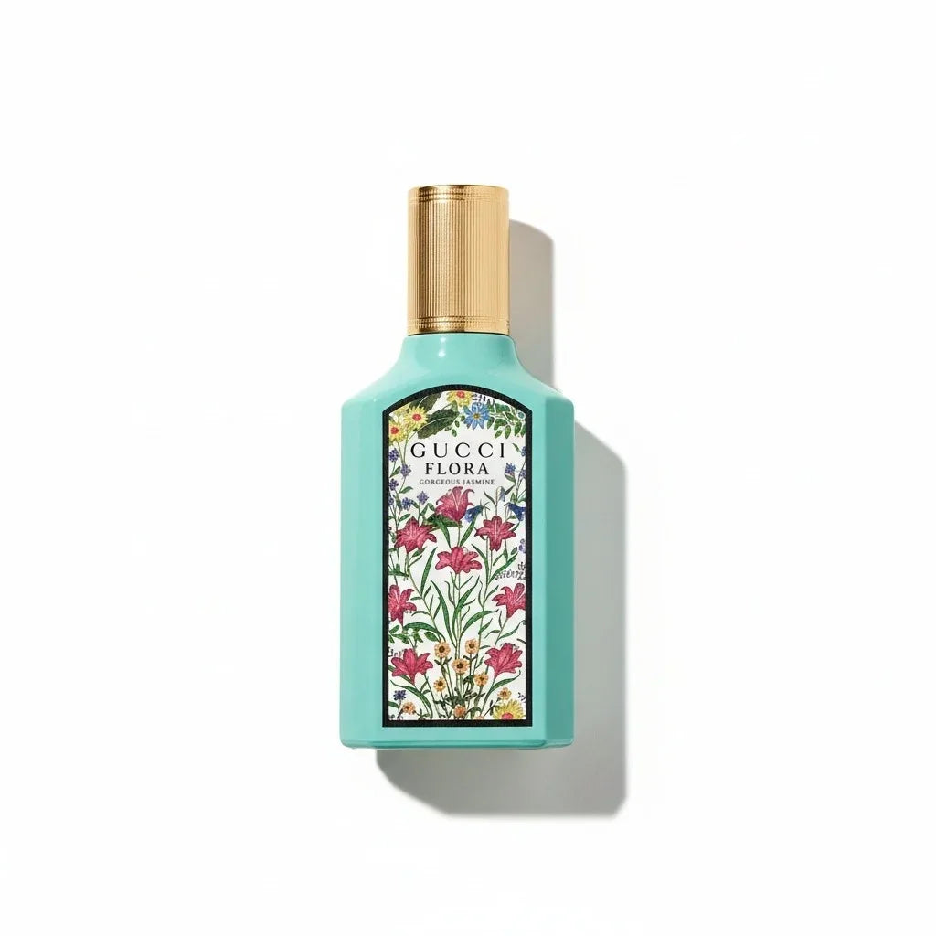 Gucci Flora Gorgeous Jasmine Parfum in einer türkisfarbenen Flasche mit floralem Design