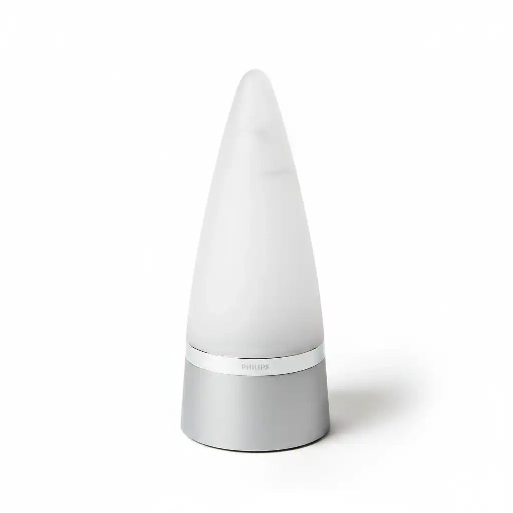 Weißer Philips Aroma-Diffusor mit silbernem Sockel vor weißem Hintergrund