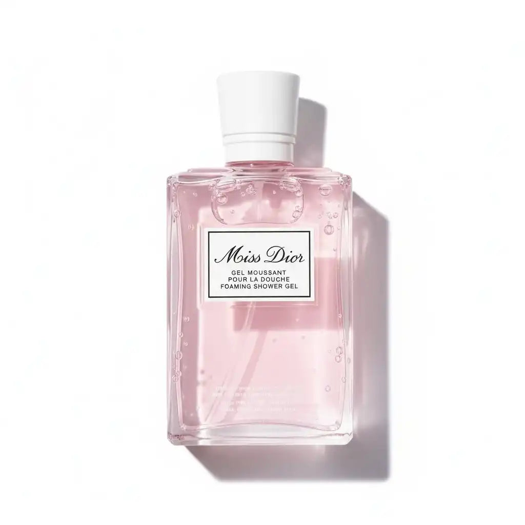 Miss Dior Foaming Shower Gel, rosa Duschgel-Flakon vor weißem Hintergrund
