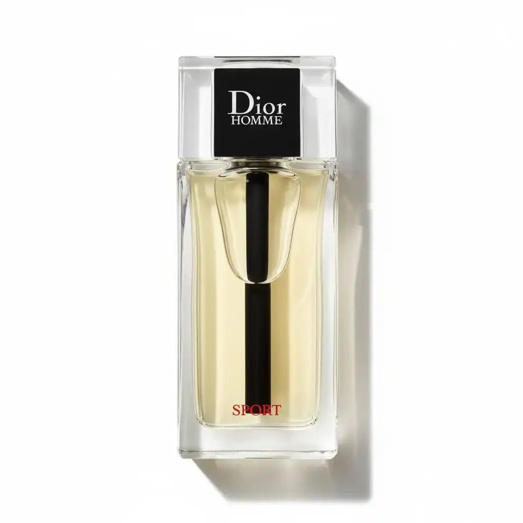 Dior Homme Sport Parfumflakon mit hellem Duft und schwarzem Verschluss vor weißem Hintergrund