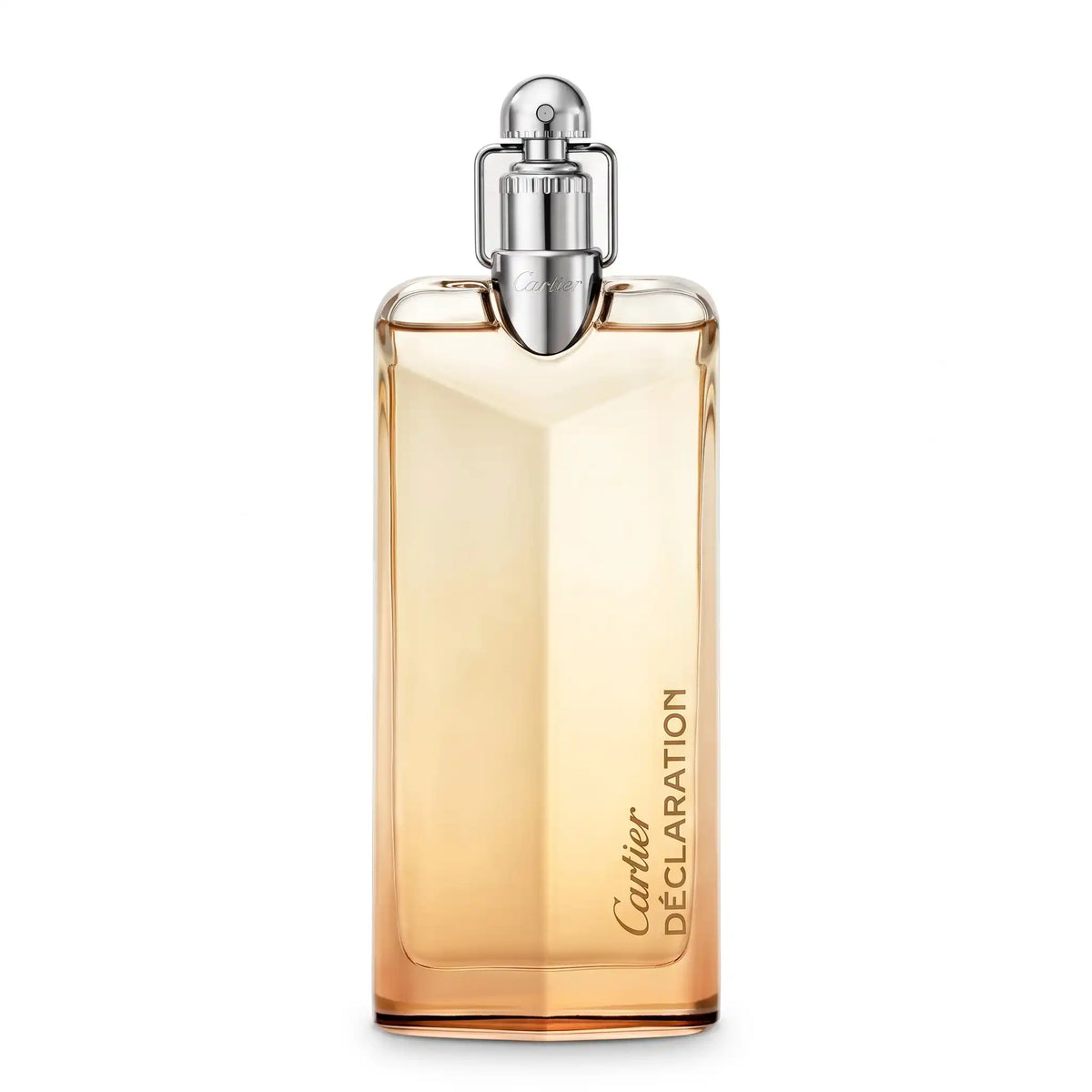 Cartier Déclaration Parfumflakon mit goldfarbener Flüssigkeit auf weißem Hintergrund