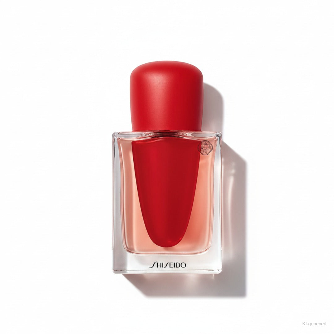 Shiseido Ginza Eau de Parfum Intense 90ml – rote Flasche liegend freigestellt auf weißem Hintergrund
