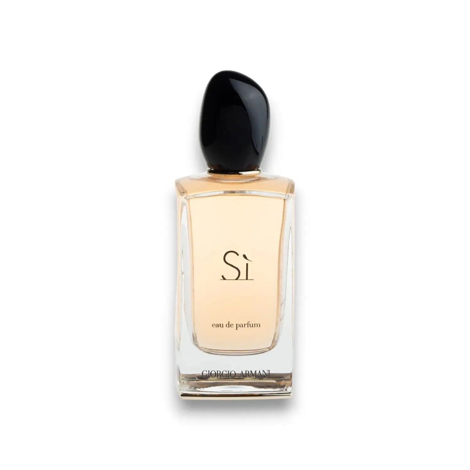 Si Eau de Parfum Flakon mit schwarzem Deckel, luxuriöser Damenduft vor weißem Hintergrund