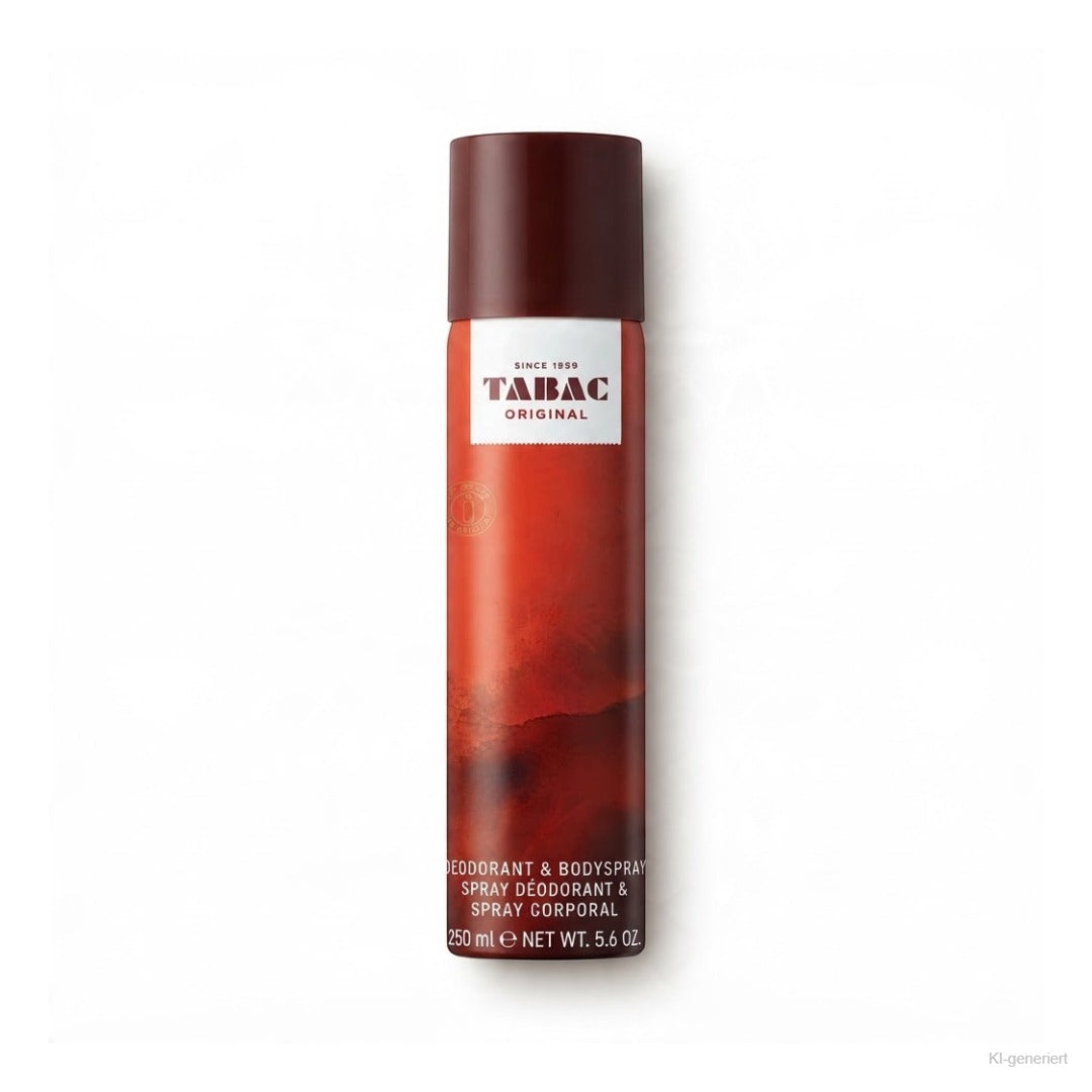 Tabac Original Deodorant & Bodyspray 250 ml – rote Spraydose mit weißem Etikett freigestellt auf weißem Hintergrund