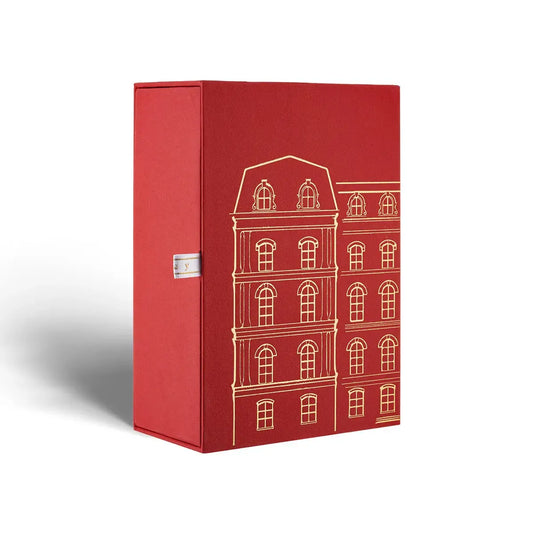 Rote Parfumverpackung mit goldener Gebäudegrafik, luxuriöses Design, Nischenparfum-Box