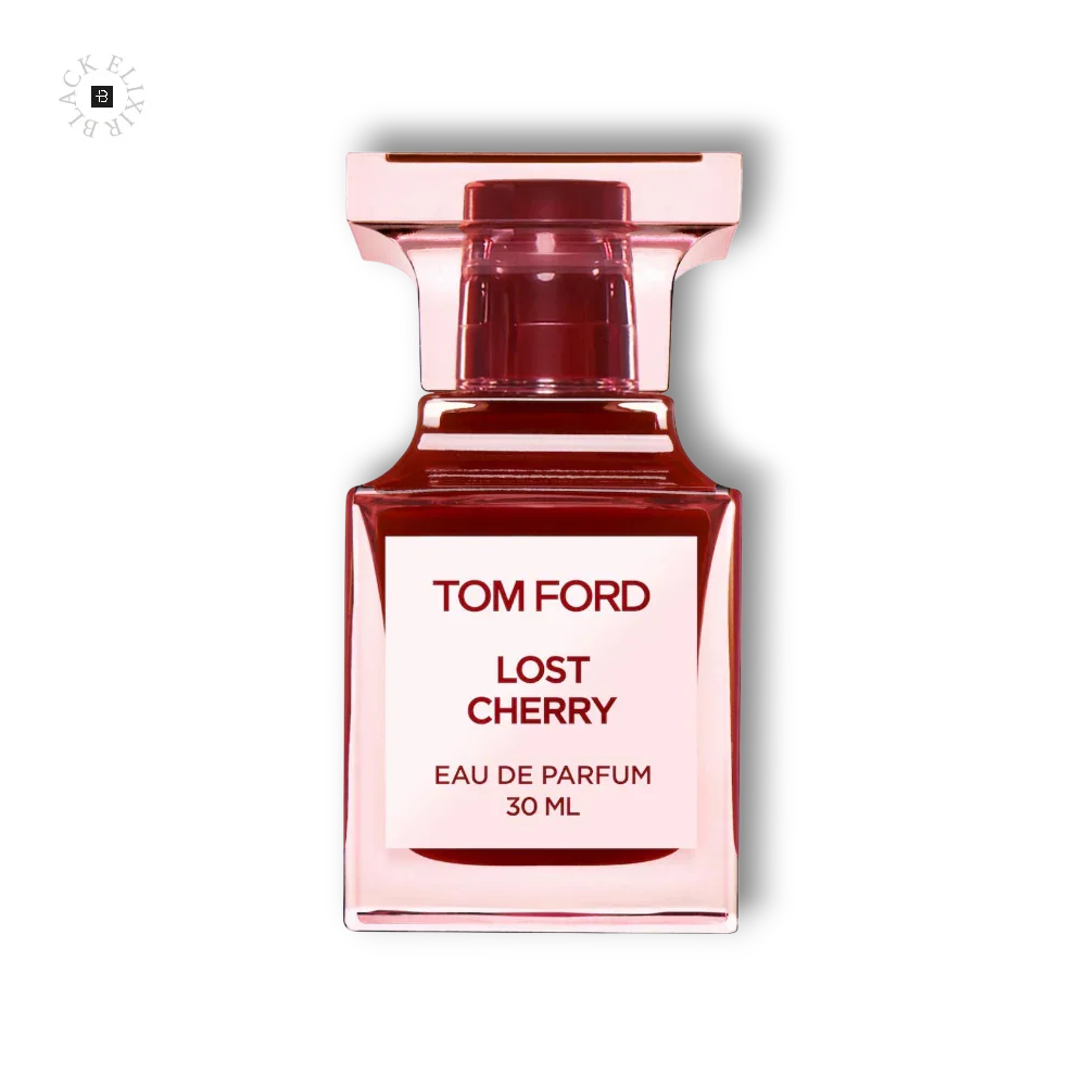 Rotes Parfumflakon Tom Ford Lost Cherry 30 ml auf schwarzem Hintergrund, luxuriöses Eau de Parfum