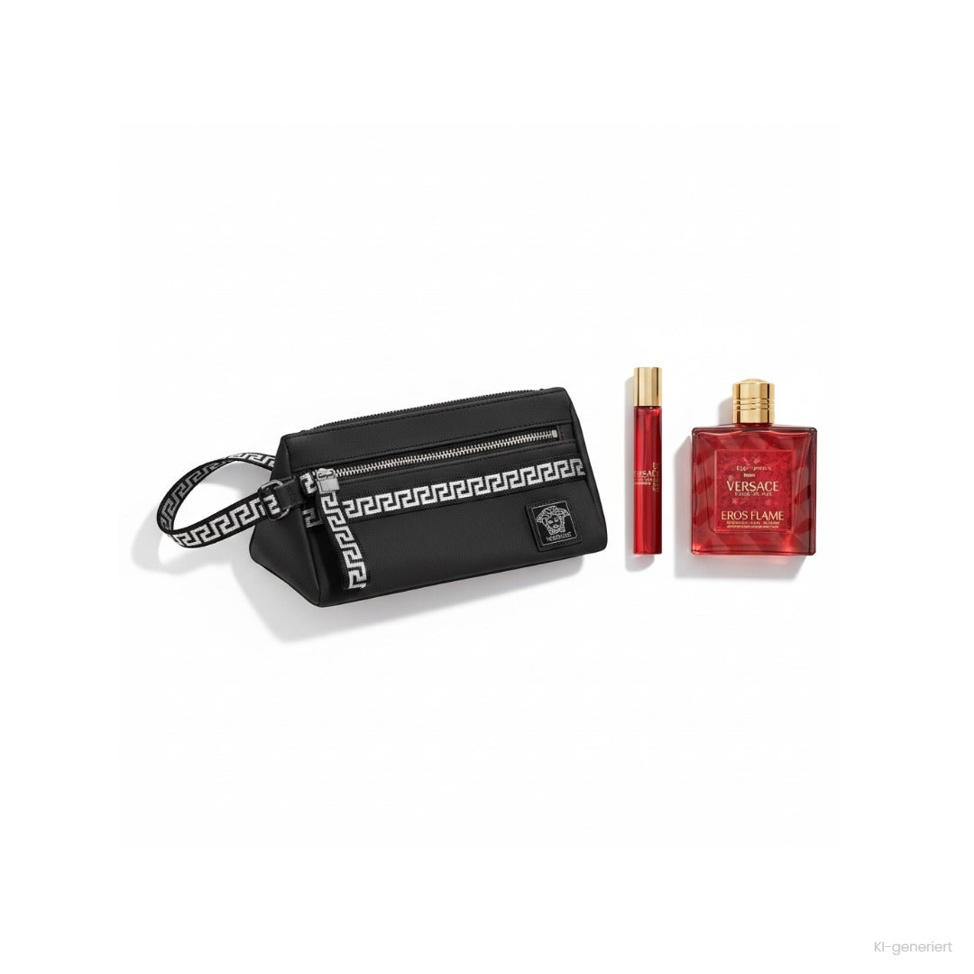 Versace Eros Flame Duftset mit schwarzer Kulturtasche, Mini-Spray und roter Flasche mit goldener Kappe