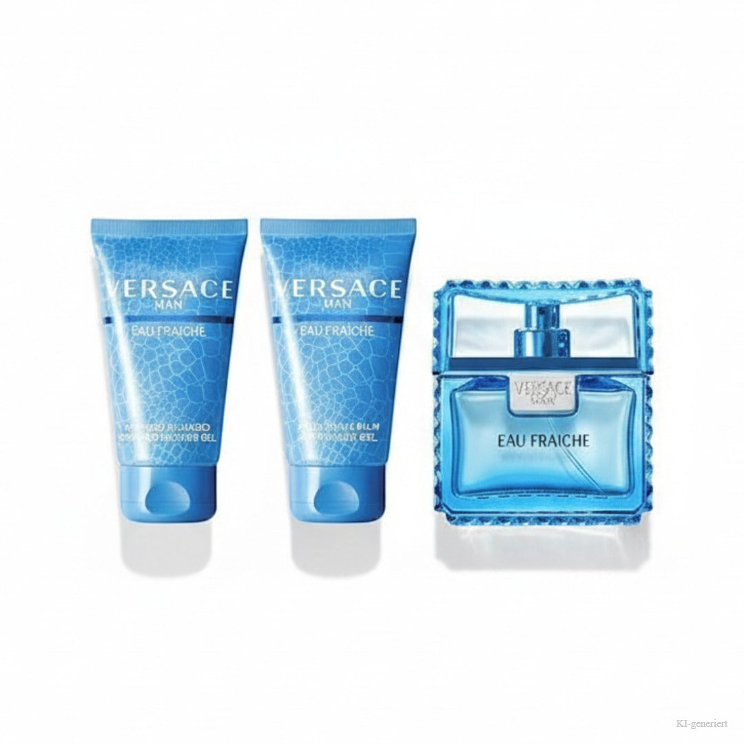 Versace Man Eau Fraiche Duftset – Duschgel, After Shave Balsam und Eau de Toilette 50ml, freigestellt auf weißem Hintergrund
