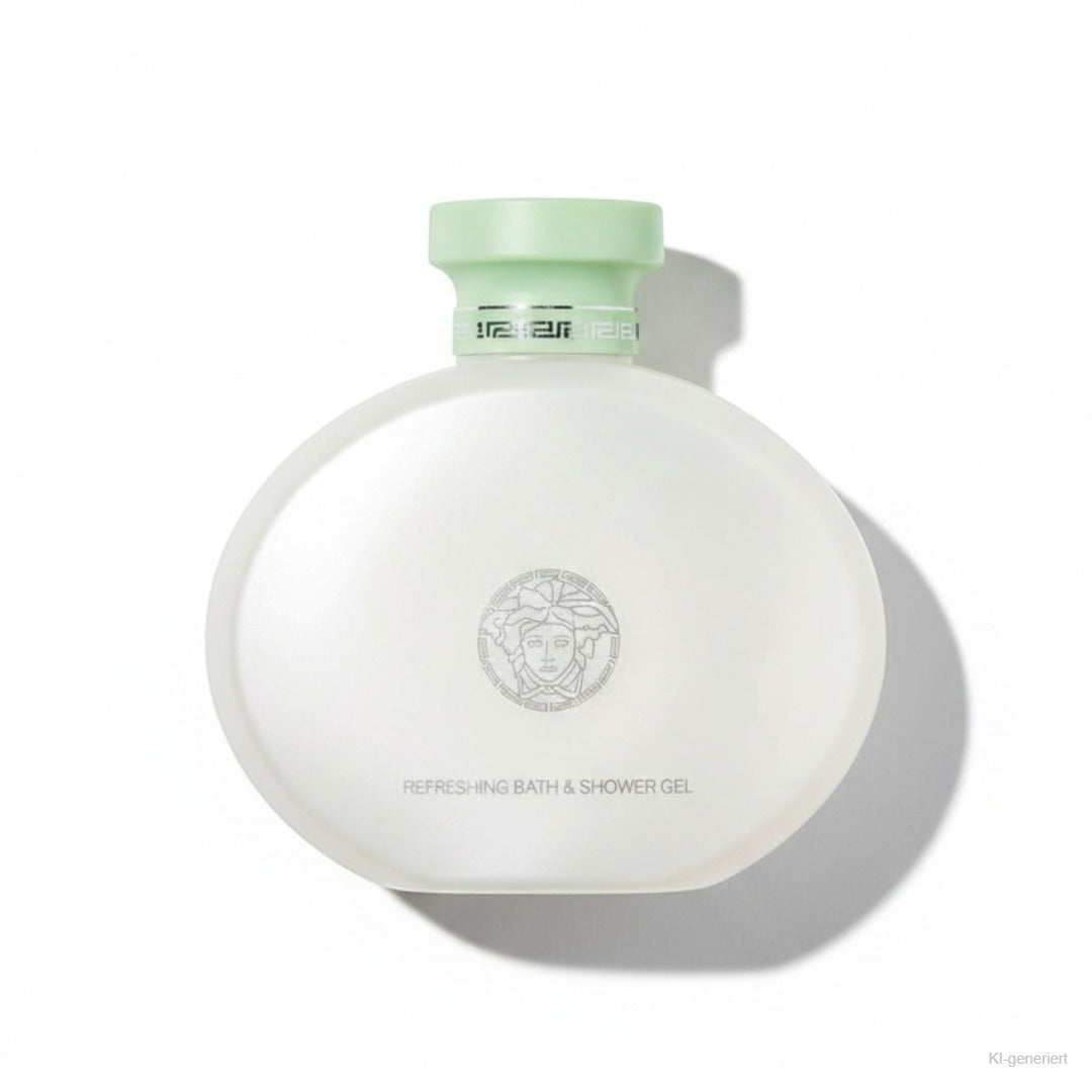 Versace Versense Refreshing Bath & Shower Gel 200ml – weiße Flasche mit grüner Kappe freigestellt auf weißem Hintergrund